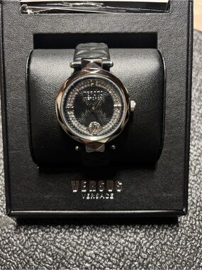 Versus Versace Black Leather Strap Silver-Tone Crystal Dial Watch